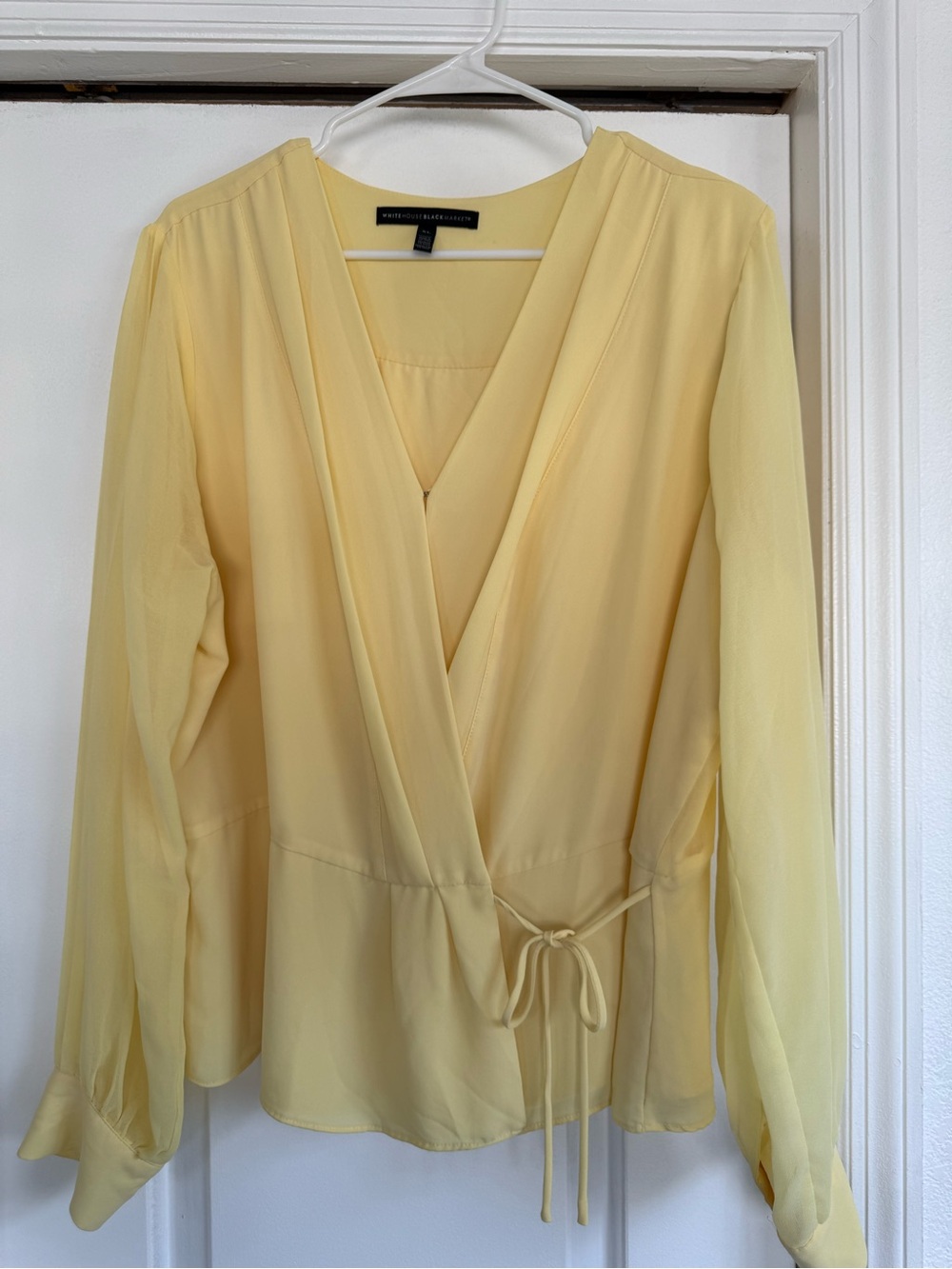 White House Black Market Pale Yellow Pleated Long-Sleeve Blouse